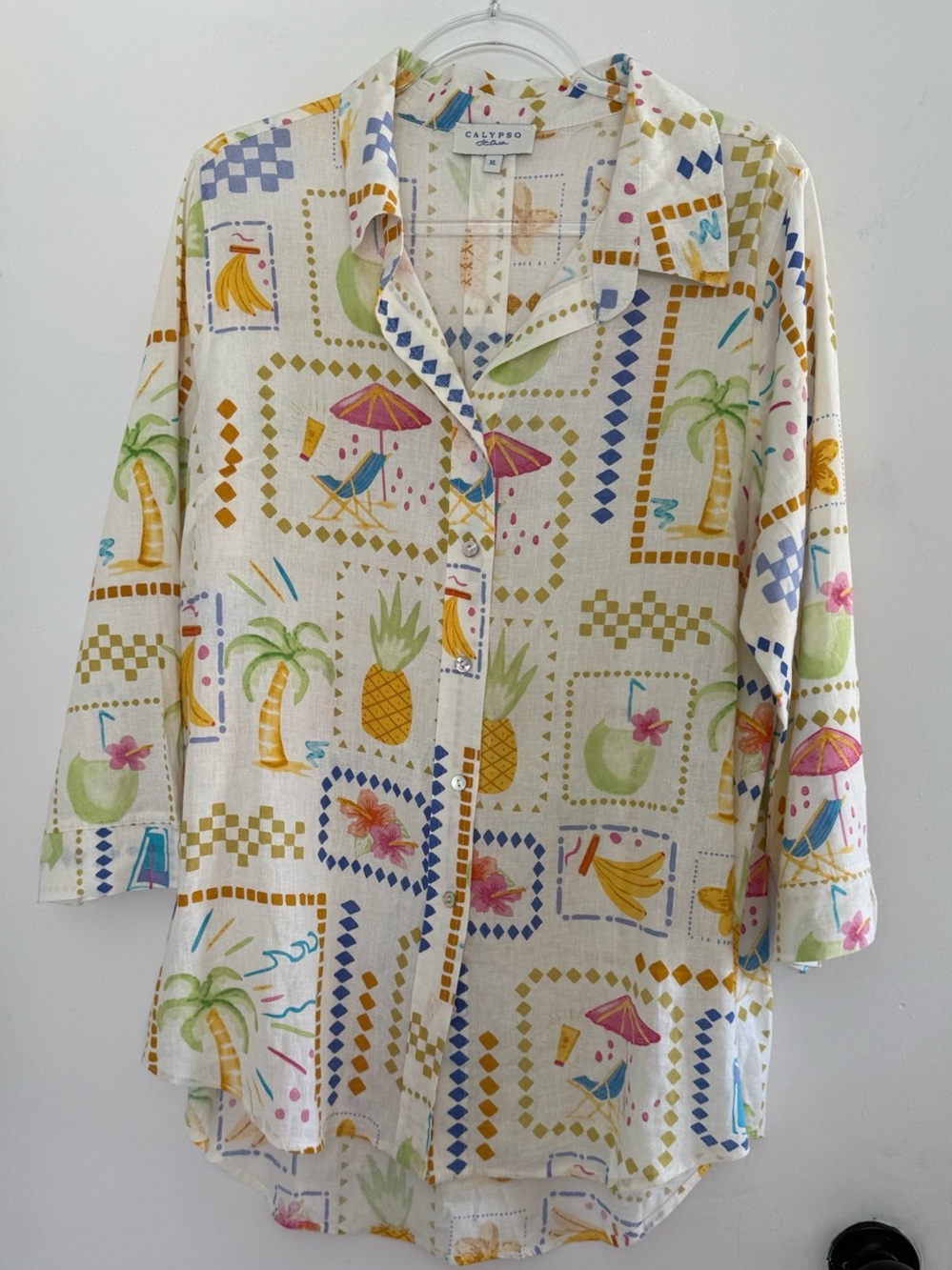 Calypso St. Barth Tropical Linen Blend Button Down Tunic Top XL